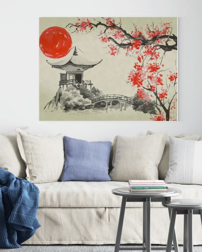 Japan traditional sumi-e painting. Watercolor and ink illustration in style sumi-e, u-sin. Fuji mountain, sakura, sunset. Japan sun. Indian ink illustration. Japanese picture.