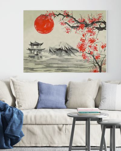 Japan traditional sumi-e painting. Watercolor and ink illustration in style sumi-e, u-sin. Fuji mountain, sakura, sunset. Japan sun. Indian ink illustration. Japanese picture.