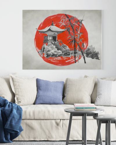 Japan traditional sumi-e painting. Fuji mountain, sakura, sunset. Japan sun. Indian ink illustration. Japanese picture.