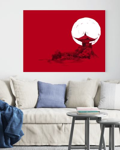 Japan traditional sumi-e painting. Watercolor and ink illustration in style sumi-e, u-sin. Fuji mountain, sakura, sunset. Japan sun. Indian ink illustration. Japanese picture, red background.