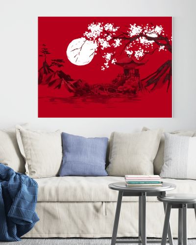 Japan traditional sumi-e painting. Watercolor and ink illustration in style sumi-e, u-sin. Fuji mountain, sakura, sunset. Japan sun. Indian ink illustration. Japanese picture, red background.