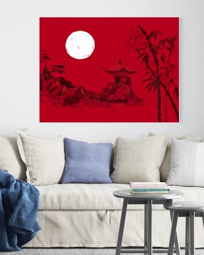 Japan traditional sumi-e painting. Watercolor and ink illustration in style sumi-e, u-sin. Fuji mountain, sakura, sunset. Japan sun. Indian ink illustration. Japanese picture, red background.