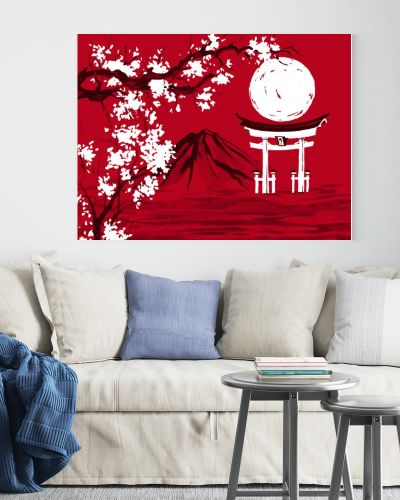 Japan traditional sumi-e painting. Watercolor and ink illustration in style sumi-e, u-sin. Fuji mountain, sakura, sunset. Japan sun. Indian ink illustration. Japanese picture, red background.