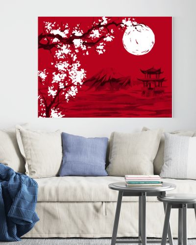 Japan traditional sumi-e painting. Watercolor and ink illustration in style sumi-e, u-sin. Fuji mountain, sakura, sunset. Japan sun. Indian ink illustration. Japanese picture, red background.