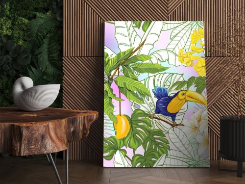 Vector seamless pattern, background with toucan and tropical plants 