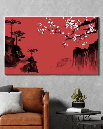 Japan traditional sumi-e painting. Indian ink illustration. Japanese picture. Sakura and mountains