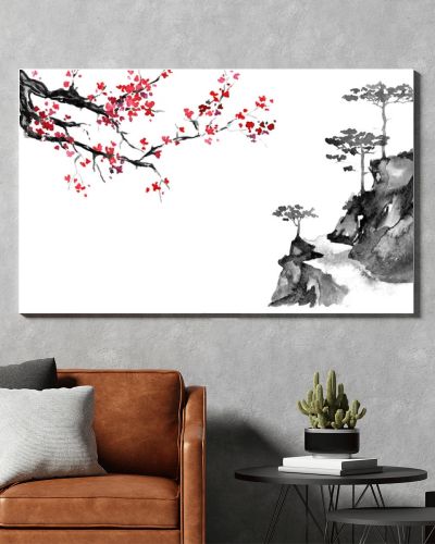 Japan traditional sumi-e painting. Indian ink illustration. Japanese picture. Sakura and mountains