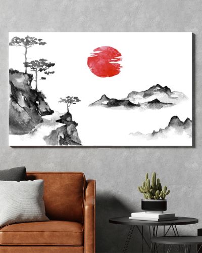 Japan traditional sumi-e painting. Indian ink illustration. Japanese picture. Sun and mountains