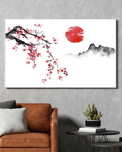 Japan traditional sumi-e painting. Indian ink illustration. Japanese picture. Sakura, sun and mountain