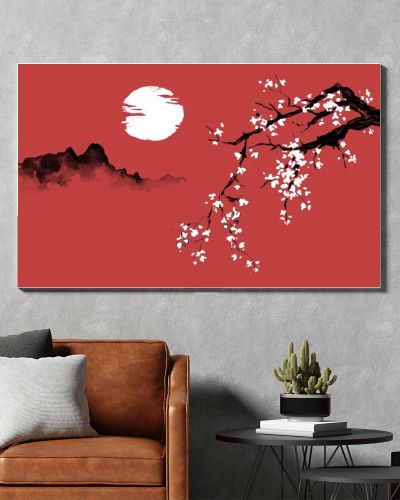 Japan traditional sumi-e painting. Indian ink illustration. Japanese picture. Sakura, sun and mountain