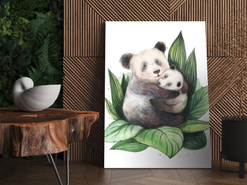 Panda family with adult mother and little bear. Watercolor illustration on a white background. Cute mom holding a little baby. Jungle, forest wildlife, zoo characters. Two pandas cuddle.