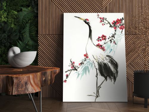 crane and flowering plum branch on a light background