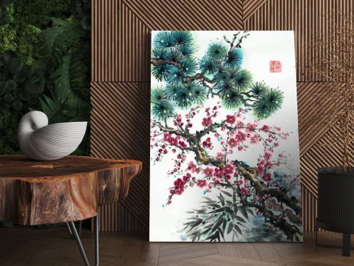 pine branch blossoming plum and bamboo on a light background