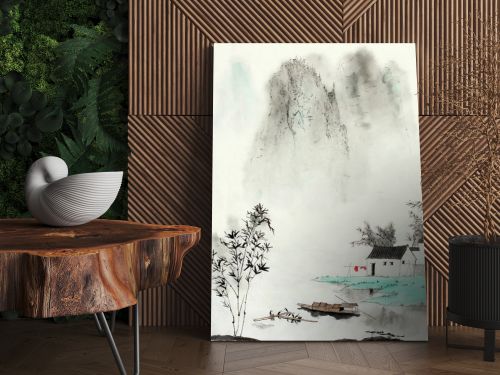 mountain landscape with a fishing house by a lake and a boat