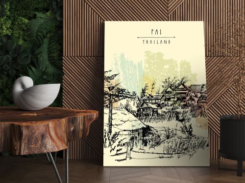 Bamboo huts in Pai valley, Northern Thailand. Atmospheric landscape. Hand drawn vintage artistic postcard template. Vector illustartion