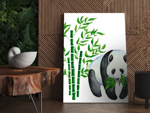 watercolor drawing three trunks of bamboo with green foliage and panda eats leaves