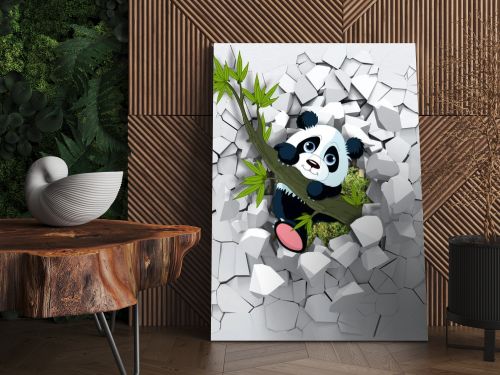 3d background, little panda peeping from a broken wall. 3D wall looks very lovely and also brings different colors to room! It will visually expand childrens room and become an accent in the interior