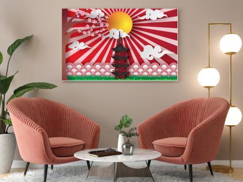 Paper art and craft of spring in  Asian temple with sakura tree and sunlight-cloud background,vector