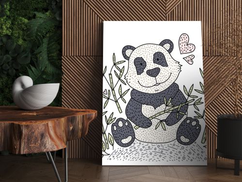 Panda bear Illustration vector with bamboo. Hand drawn cartoon card.