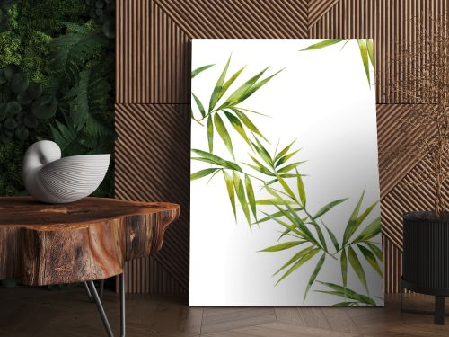 Watercolor illustration of bamboo leaves , seamless pattern on white background