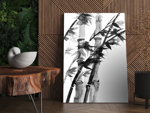 Ink painting with bamboo tree in simple minimalist style on rice paper background. Traditional oriental ink painting sumi-e, u-sin, go-hua. Hieroglyph - clarity.