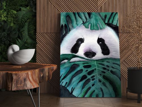 Watercolor illustration of a cute white and black panda peeking out from green tropical monstera leaves