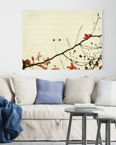 Red Flower And Foliage on Bamboo Textured Background