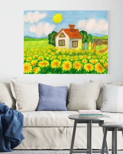 House with yellow dandelions