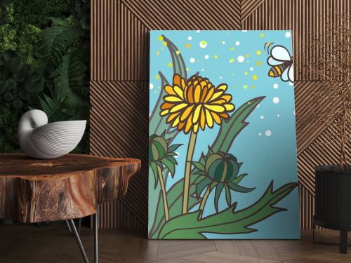 Illustration of three dandelions and bee
