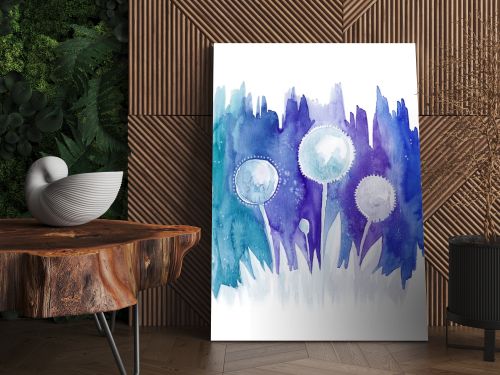 Watercolor blue background with drawing abstract flowers