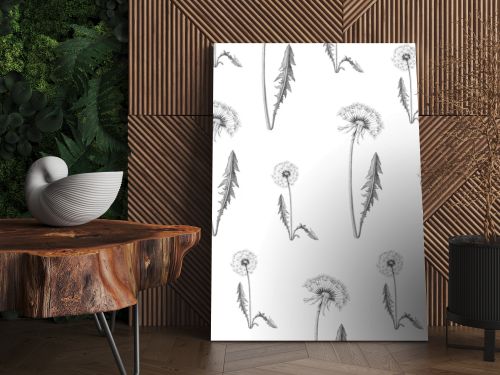 Realistic dandelion flower drawing set. Isolated wild plant and flying seeds. Herbal engraved style illustration. Dandelion pattern. Gray background with dandelion