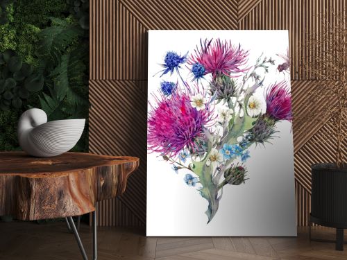 Summer watercolor greeting card with wild flowers, thistles, dan