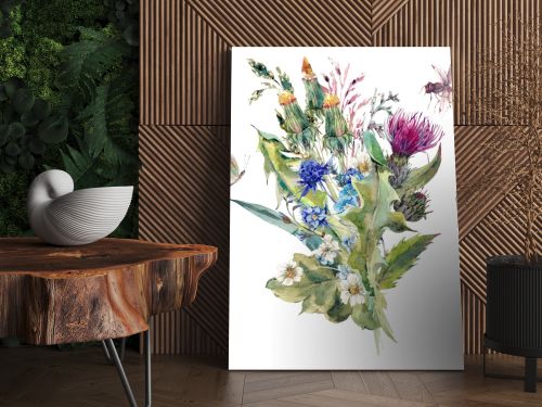 Summer watercolor greeting card with wild flowers, thistles, dan