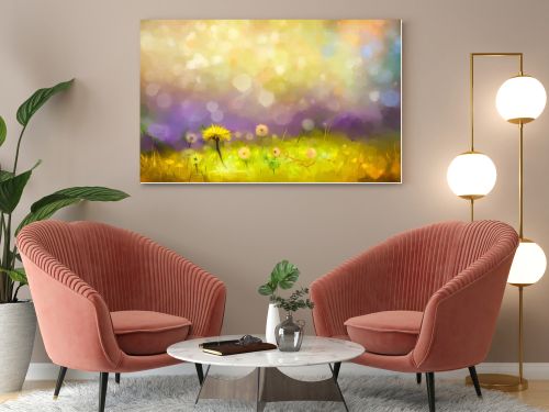 Oil painting nature grass flowers- yellow dandelions