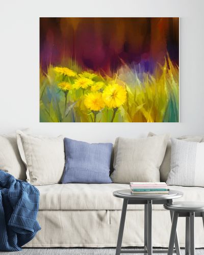 Oil painting nature grass flowers. Hand paint close up yellow dandelions, pastel floral and shallow depth of field.