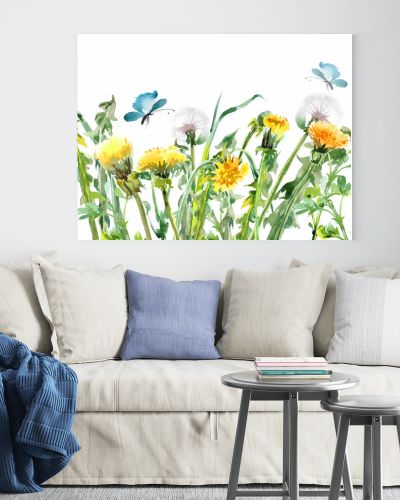 Dandelions. Yellow flowers with butterflies.