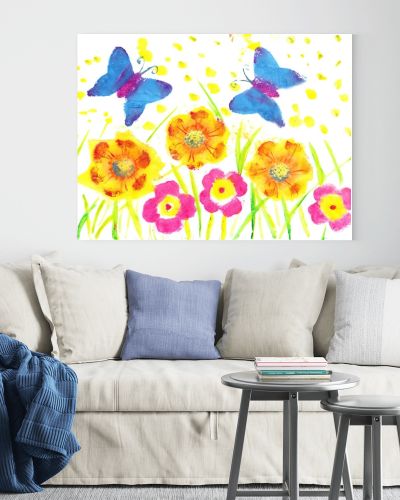 This artwork butterfly batik. Child drawing watercolor flowers, 