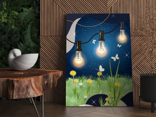 Print, light bulbs, garland, beautiful cover, summer, dandelions, shine, starry sky, butterflies, summer time