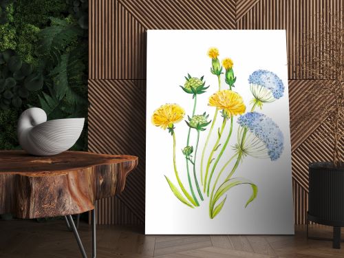 Dandelion and herbs watercolor illustration hand painted in vintage manner