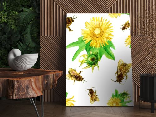 Seamless pattern of dandelions and bees in watercolor.