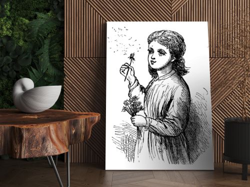 Young Girl Gliding Dandelions by blast of air., vintage line drawing or engraving illustration. 