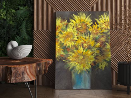 Still-life - bouquet of dandelions flowers in vase on a background drawing by pastel