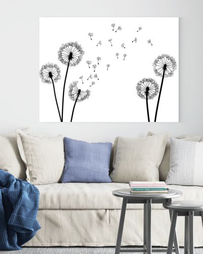 Dandelion time background. The wind inflates a dandelion. Black silhouette with flying dandelion buds on a white. Hand drawn flying blow dandelion buds