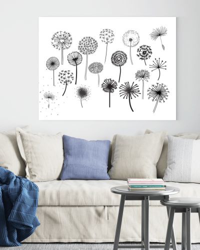 Dandelion Fluffy Seeds Flowers .  Decorative Elements for design, dandelions flowers blooming. Hand Drawn Doodle Style Black And White Drawing Vector Icons Set. pencil sketched dandelions.