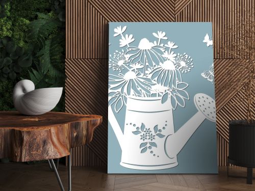 Echinacea, dandelions with Scheffler in a jar of water. watering can. Vector illustration. Paper flower, stickers. Laser cut. Template for Plotter. Pattern for the laser cut, serigraphy, plotter and screen printing