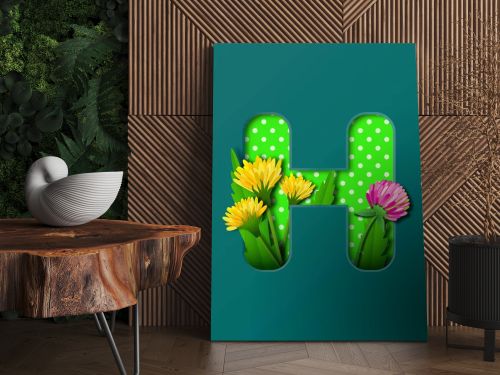 Letter H with paper summer wildflowers dandelions and clover. Style of paper craft. Vector illustration.Decoration origami element for birthday or greeting design