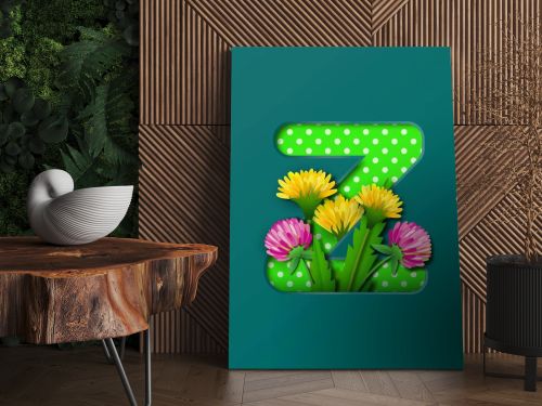 Letter Z with paper summer wildflowers dandelions and clover. Style of paper craft. Vector illustration.Decoration origami element for birthday or greeting design