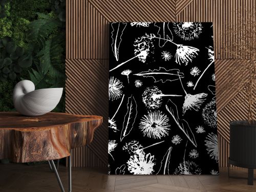 Vector black and white floral dandelions blowballs and daisies seamless pattern background