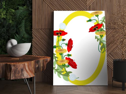 Frame with a bouquet of poppies and dandelions. Postcard.