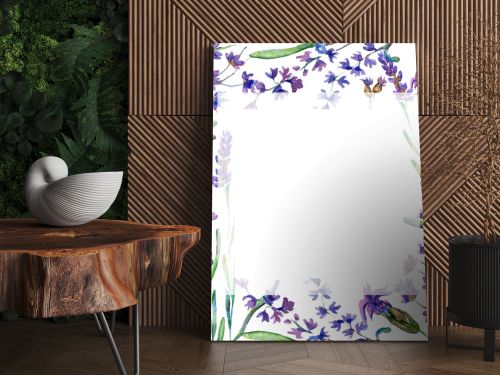 Purple lavender flowers. Wild spring flowers. Watercolor background illustration. Frame border square.